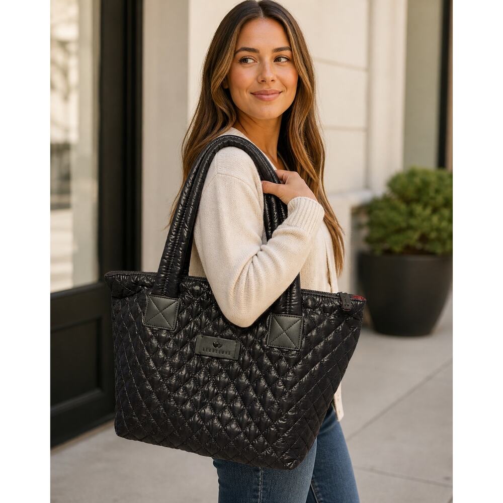 HeartLove by Charo Quilted Black Tote Bag Puffer Style Large Travel Shoulder Bag